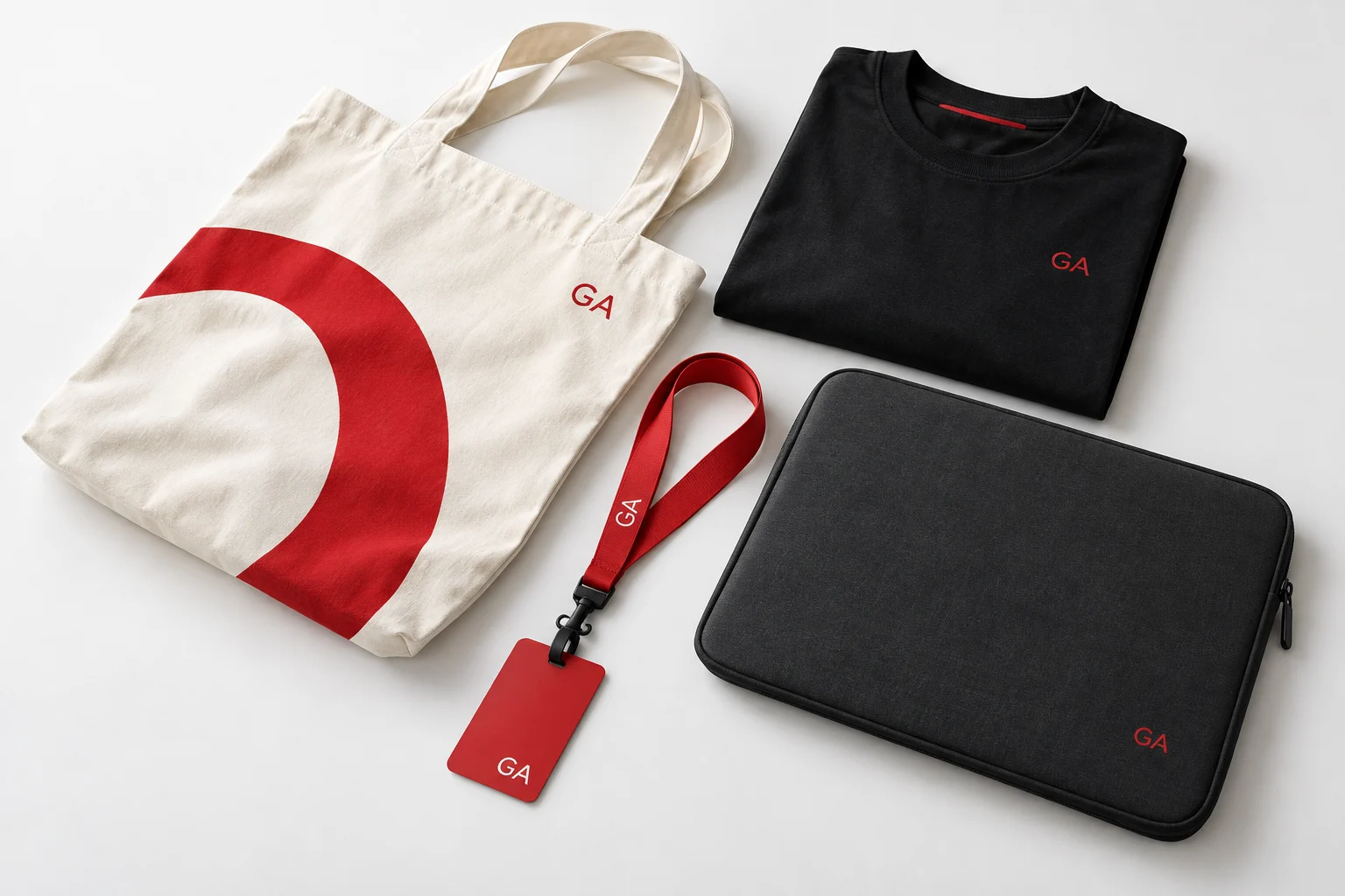 Illustrative tote, printed T-shirt, ID lanyard and laptop sleeve with coordinated GA branding