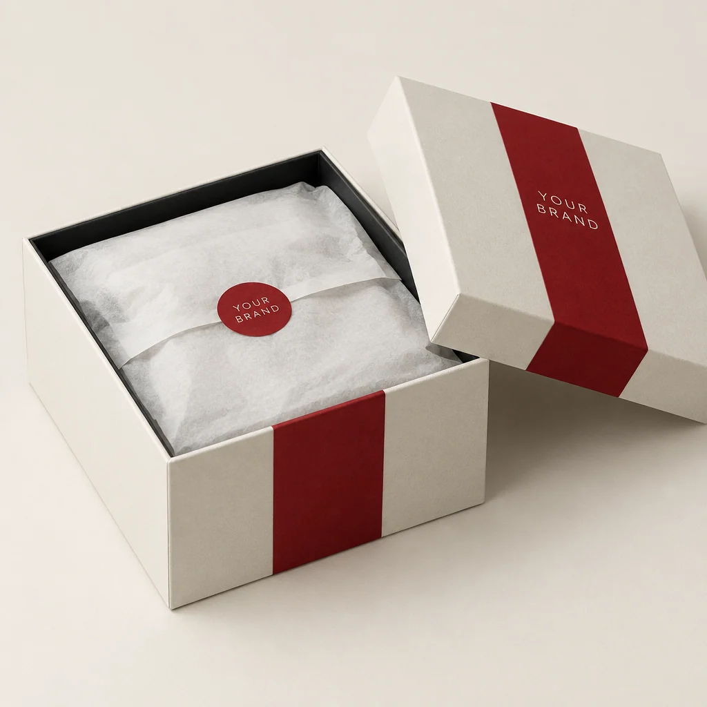Illustrative branded packaging boxes with fictional branding