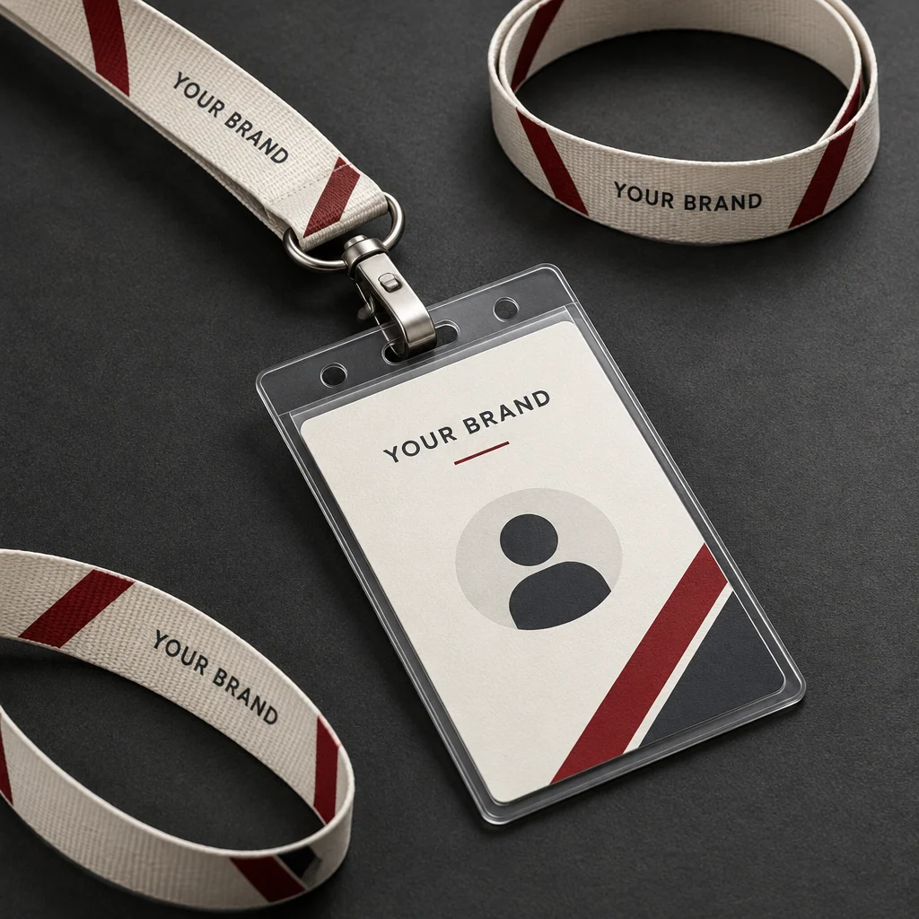 Illustrative id cards & lanyards with fictional branding