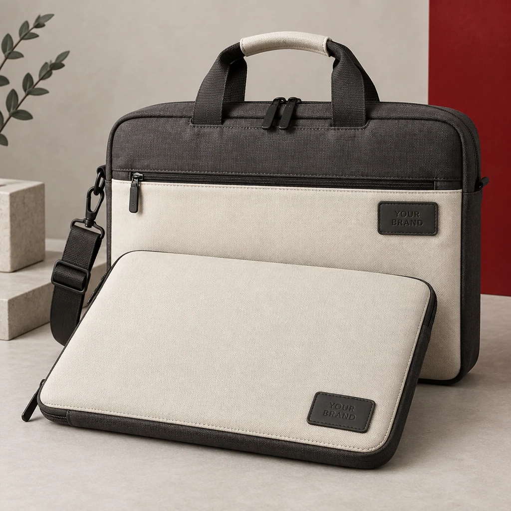 Illustrative laptop sleeves & bags with fictional branding