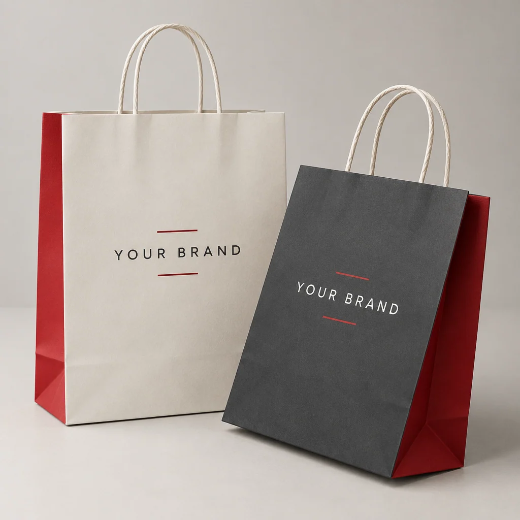 Illustrative branded paper bags with fictional branding