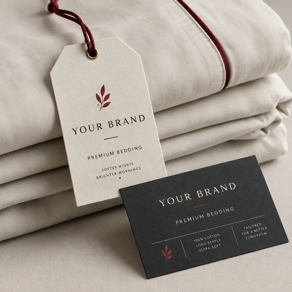 Illustrative product branding cards with fictional branding