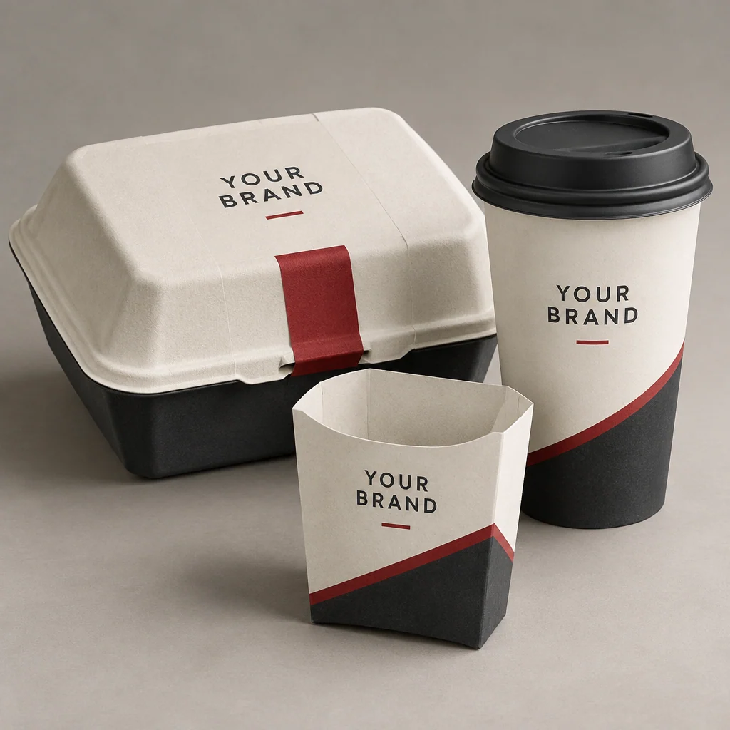 Illustrative takeaway & kitchen packaging with fictional branding